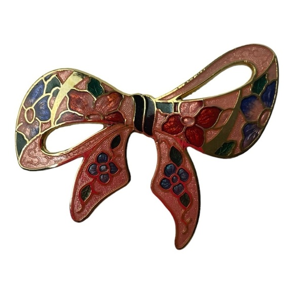 Vintage Cloisonné Pink Enamel Multi Colored Bow Tie Floral Brooch - Picture 1 of 2